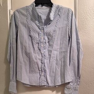 J. Crew Blue and White Striped Ruffle Front Blouse